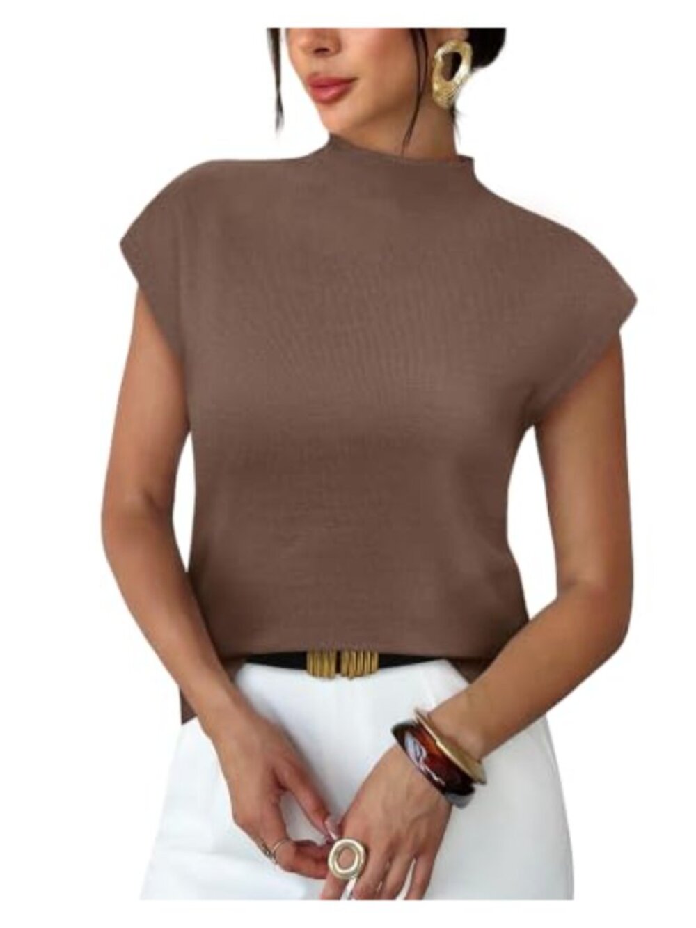 Womens Lightweight Mock Neck Cap Sleeve Knit Sweater Tee Dressy Casual